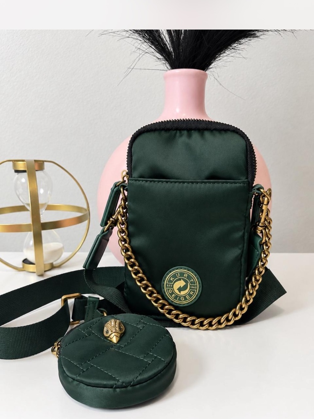 Kurt Geiger Quilted Dark Green Crossbody Bag with Coin Pouch